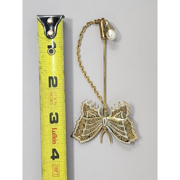 Damascene Butterfly Stick Pin With Faux Pearl Accent Gold Tone Filigree Design - Picture 7 of 7